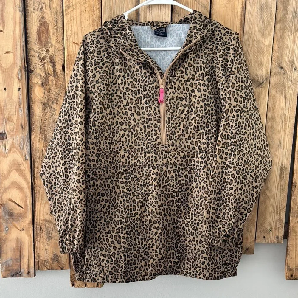 Children’s Place Rain Jacket Windbreaker Girl XL Animal Print Hooded Quarter Zip